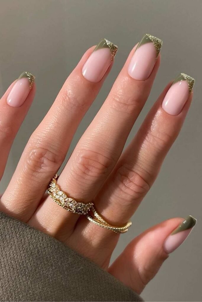 Olive green French nails with glitter touch