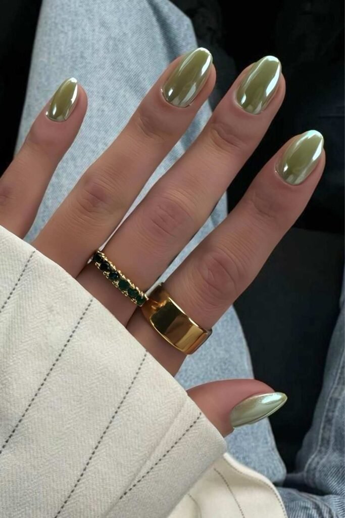 Olive green chrome nails
