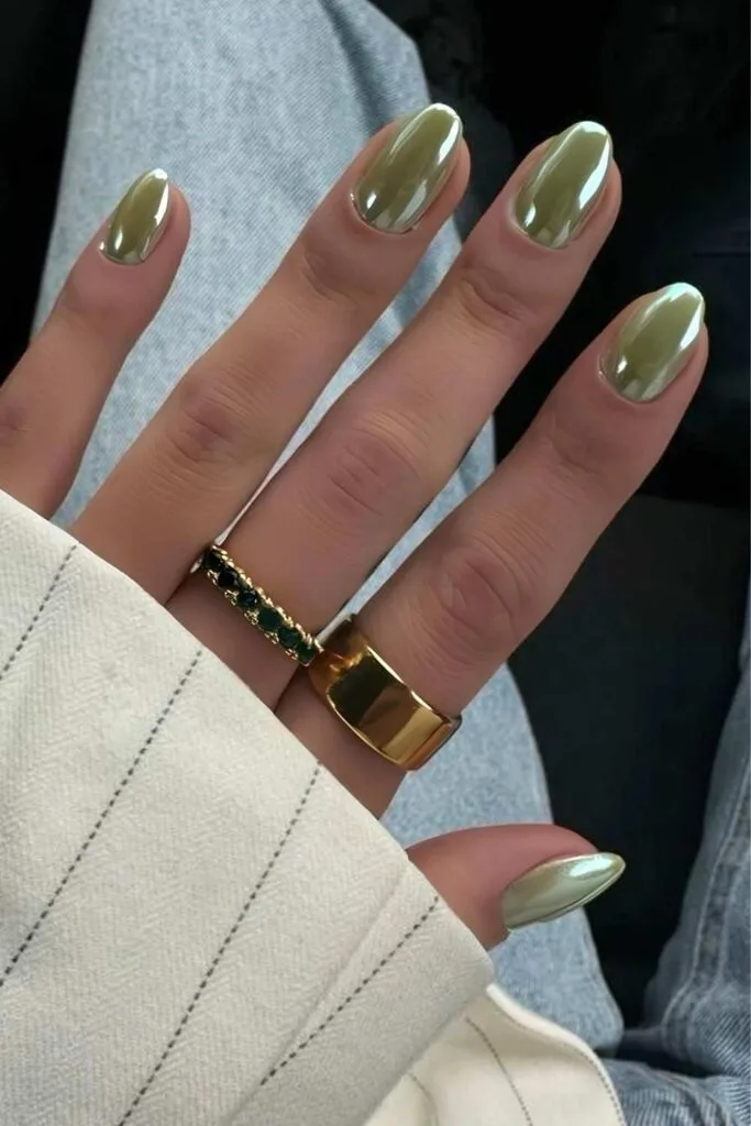 Olive green chrome nails