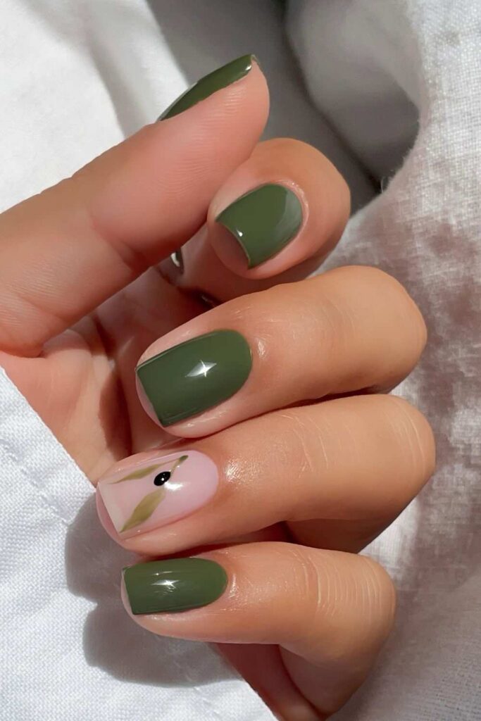 Olive green short nails with olive branch accent
