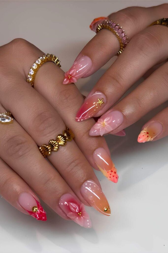Pink and orange sunset inspired nails