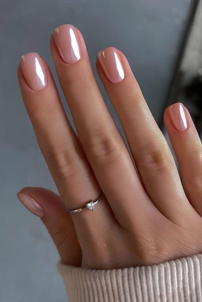 Sheer pink chrome mani
