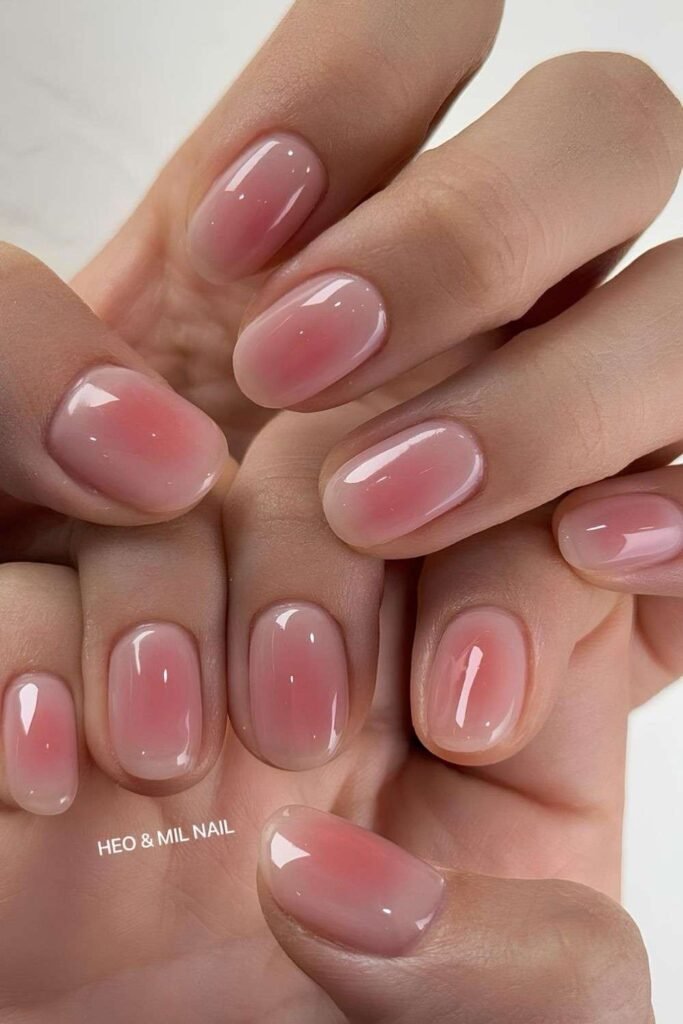 Sheer pink nails with aura effect and jelly glaze