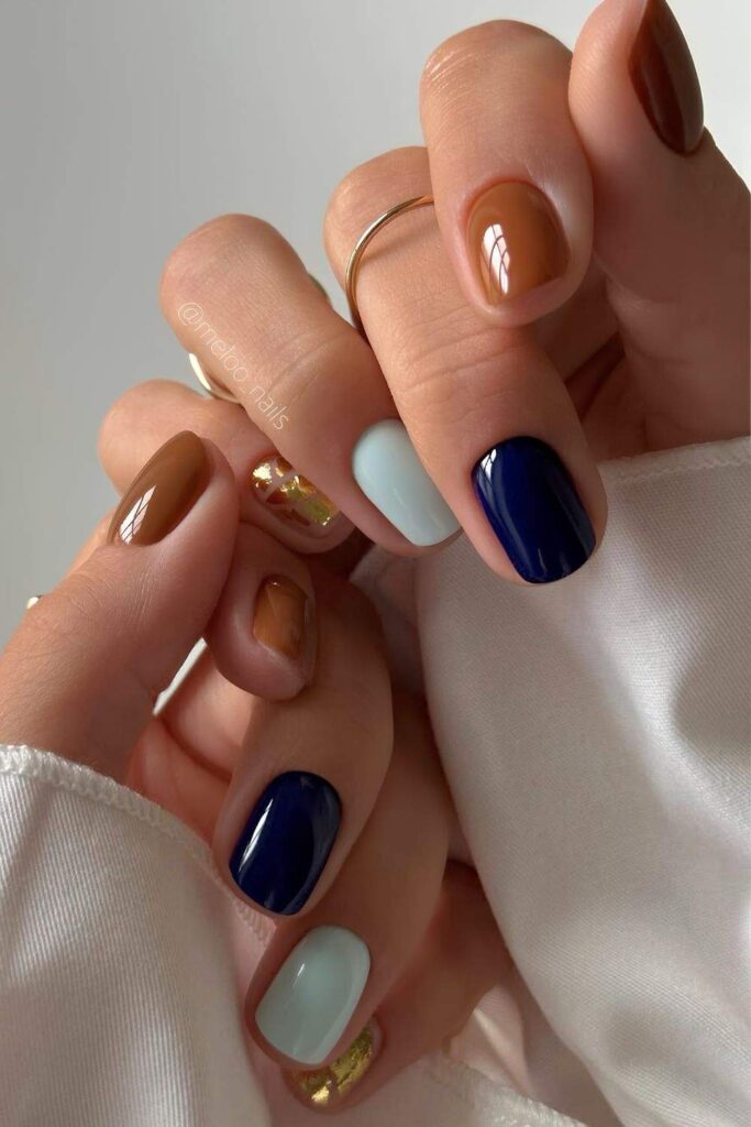 Short brown and blue mani