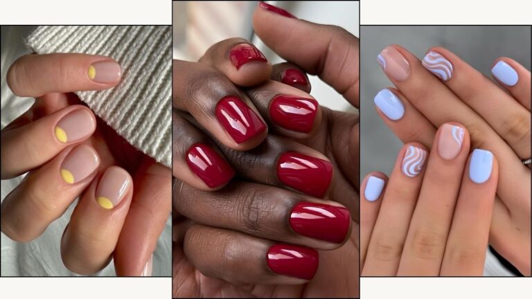 A collage of short nail designs