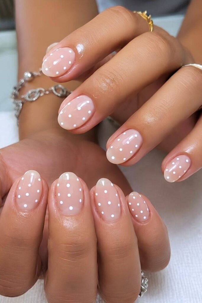 Short sheer pink mani with white polka dots