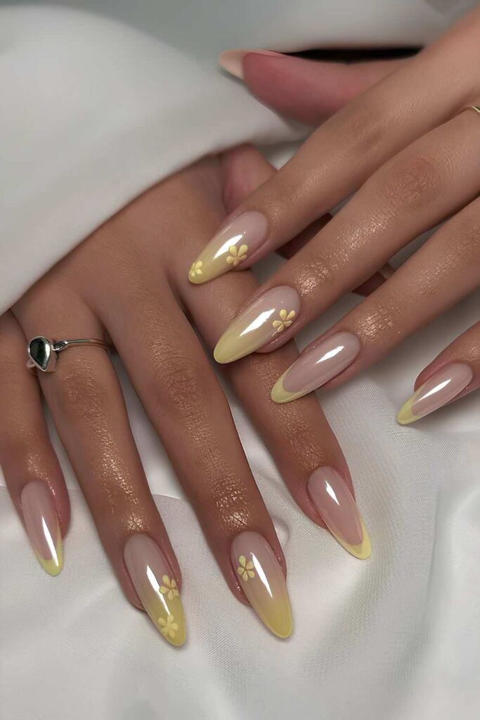 Yellow ombre French nails with flowers