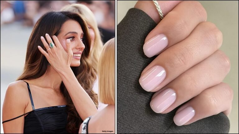 A collage of Amal Clooney's silk nails