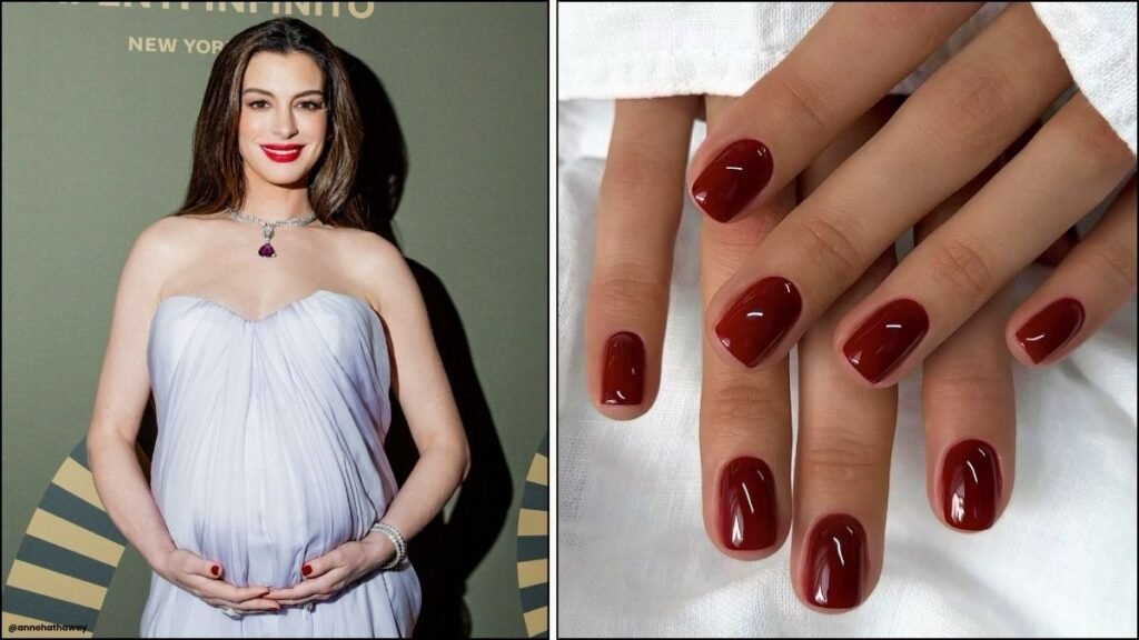 A collage of Anne Hathaway's moody manicure