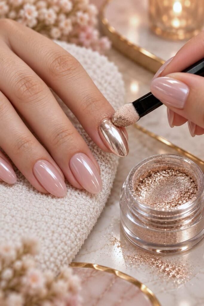 Applying chrome powder to a pink nail
