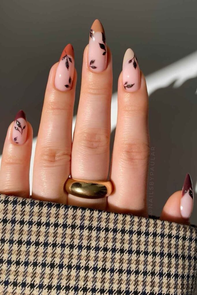 Brown gradient French nails with leaf accents