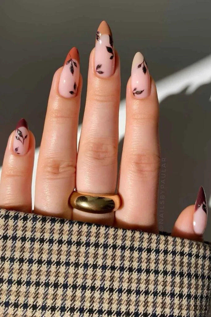 Brown gradient French nails with leaf accents