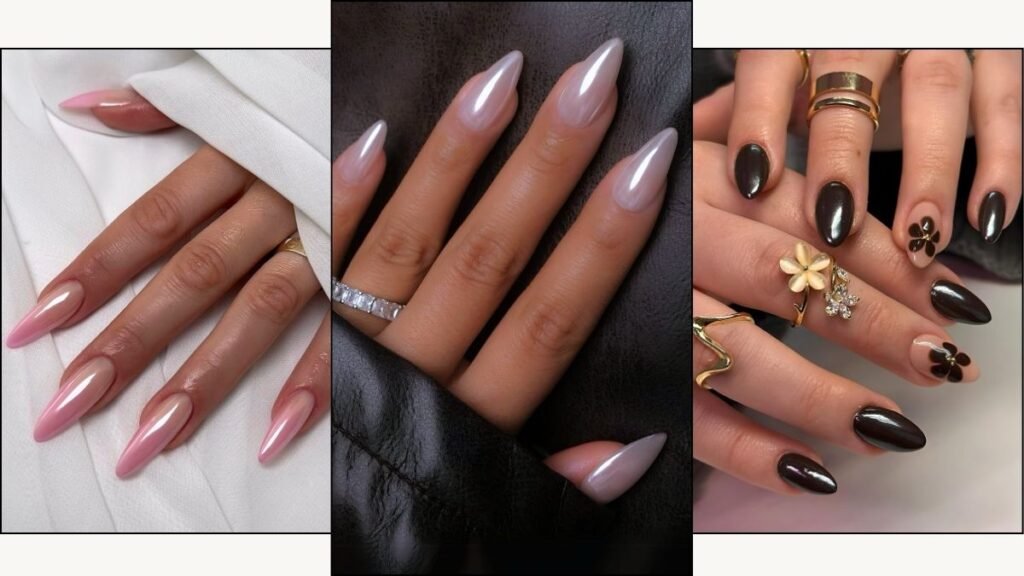 A collage of chrome nail designs