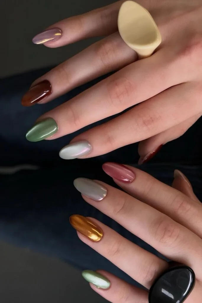 Chrome skittle nails in fall colors