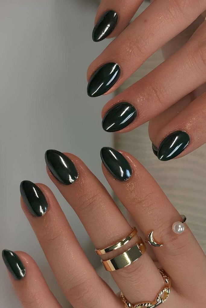 Dark green chrome nails