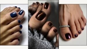A collage of dark pedicures