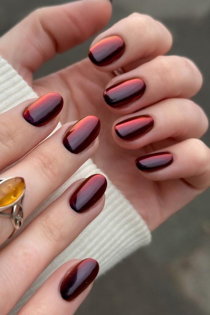 Dark red chrome nails