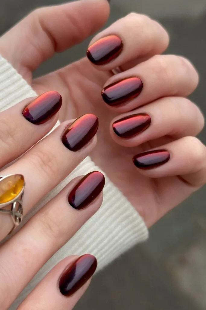 Dark red chrome nails