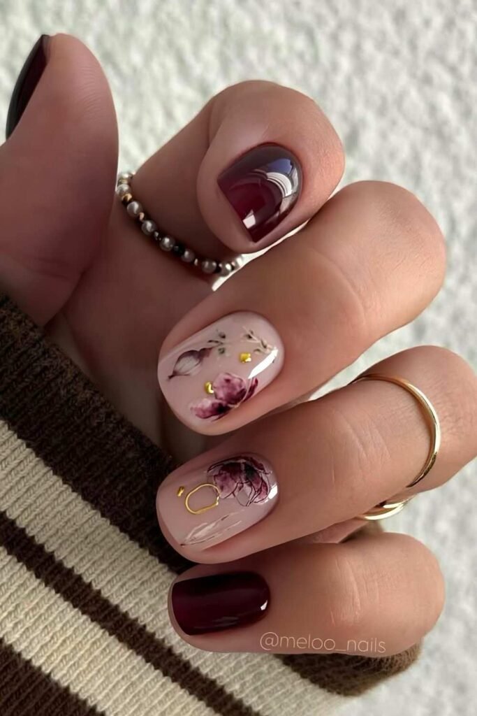 Dark red nails with florals