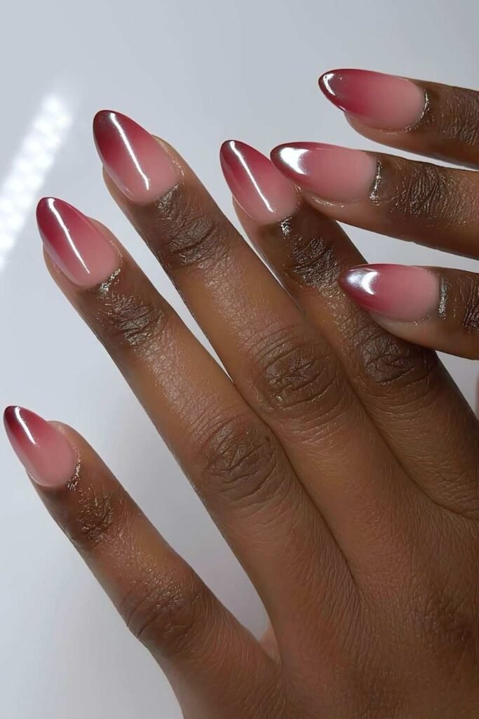 Dark red ombre mani with glazed finish