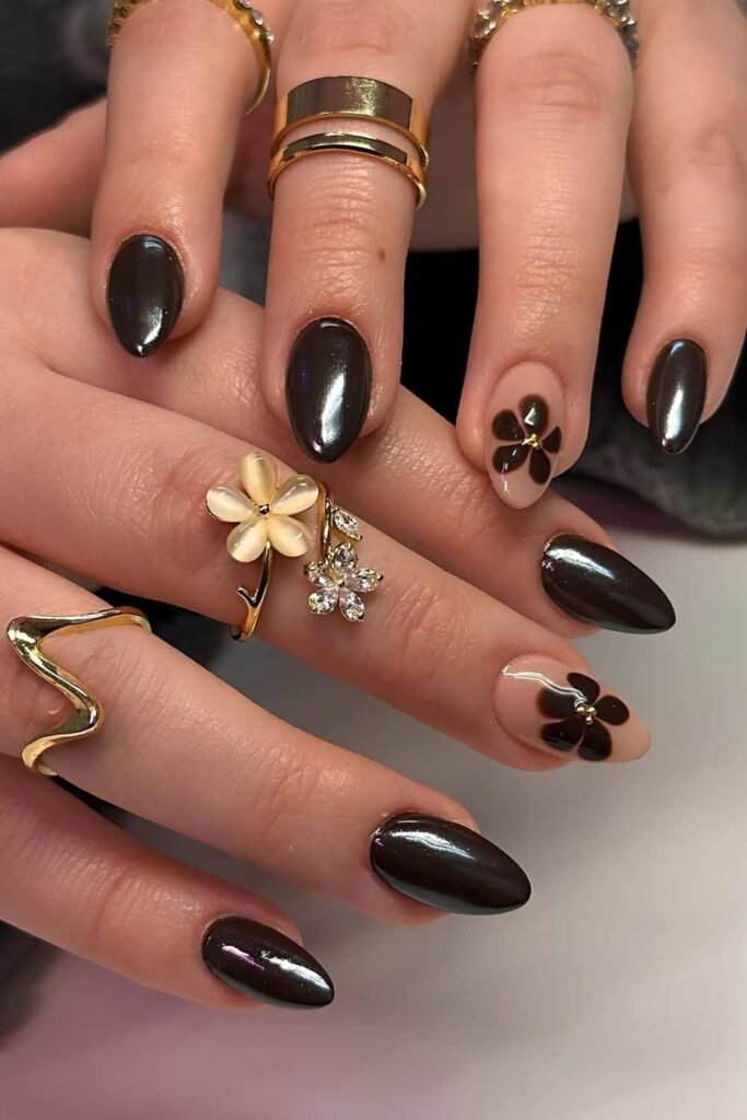Deep brown chrome mani with blooming flowers