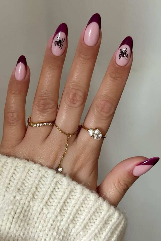 Deep purple French mani with spider accents