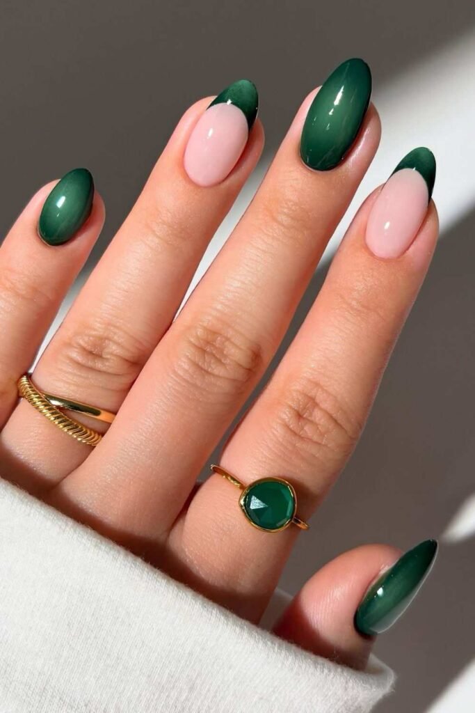 Emerald green French and solid mix nails