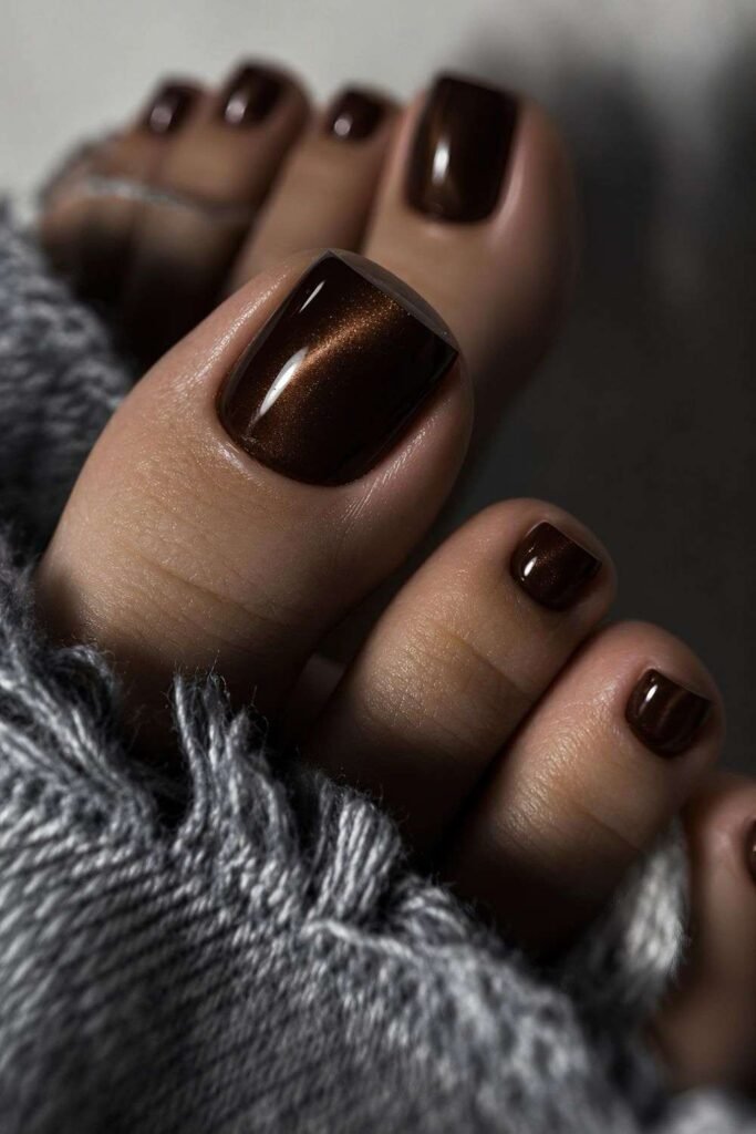 Espresso brown pedicure with cat-eye finish