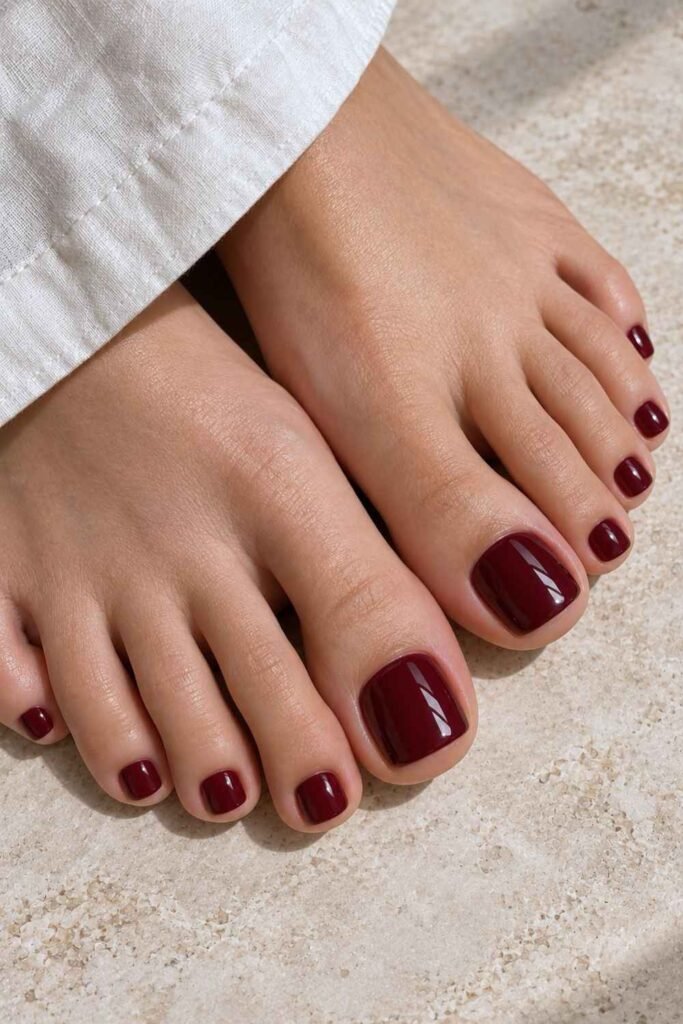 Glossy burgundy pedicure on neutral stone