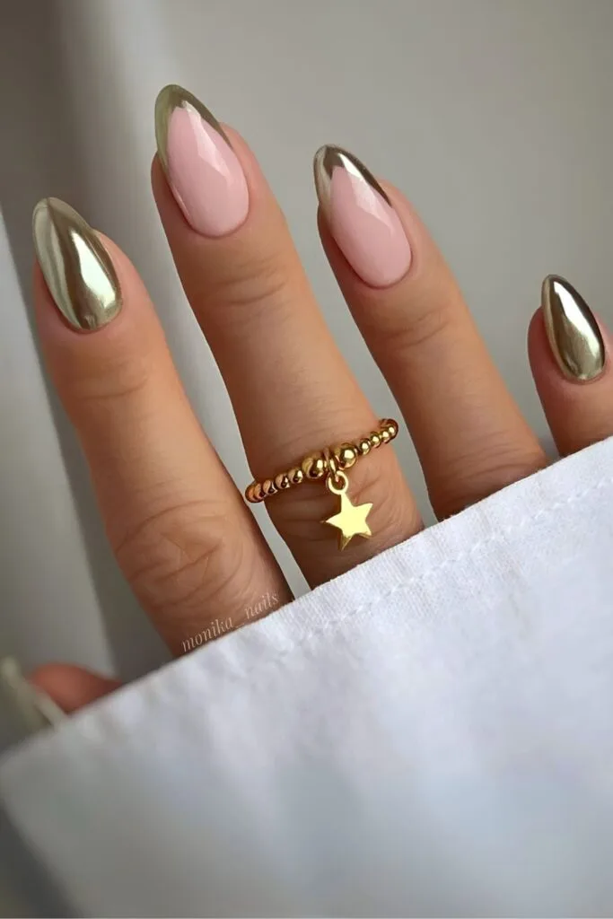 Gold chrome French and solid mix nails