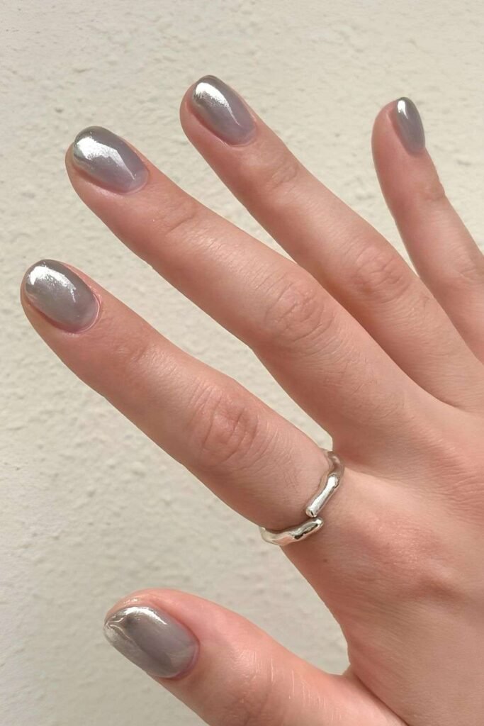 Gray chrome nails with shimmer