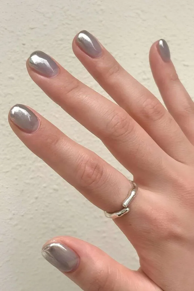 Gray chrome nails with shimmer