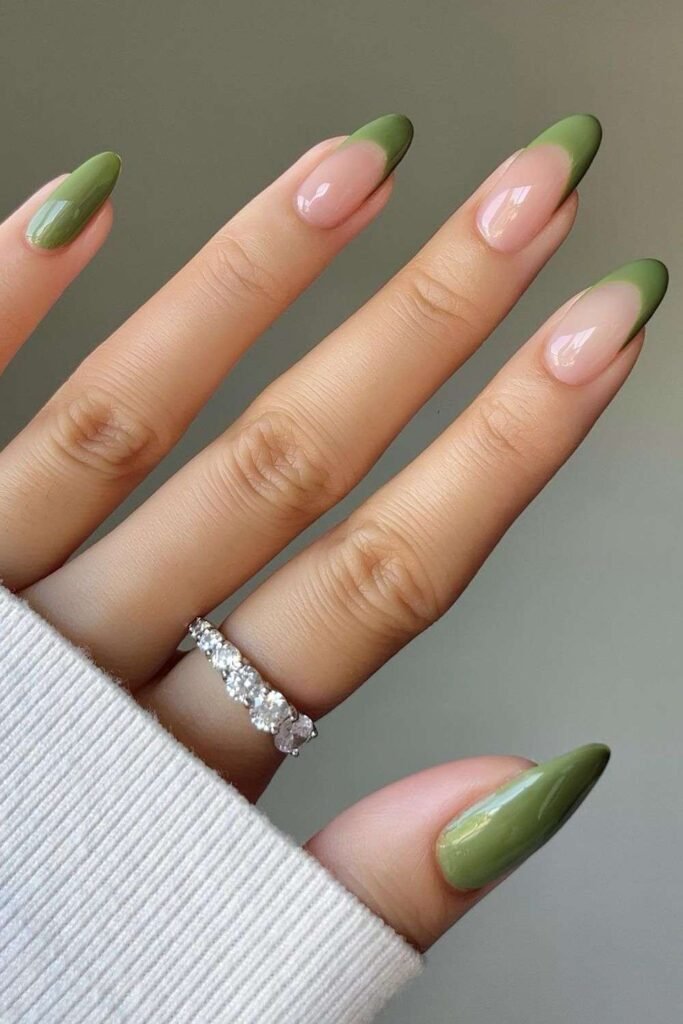 Olive green French and solid mix nails