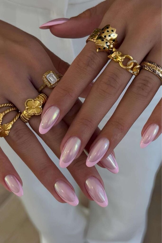 Pearly pink chrome French nails
