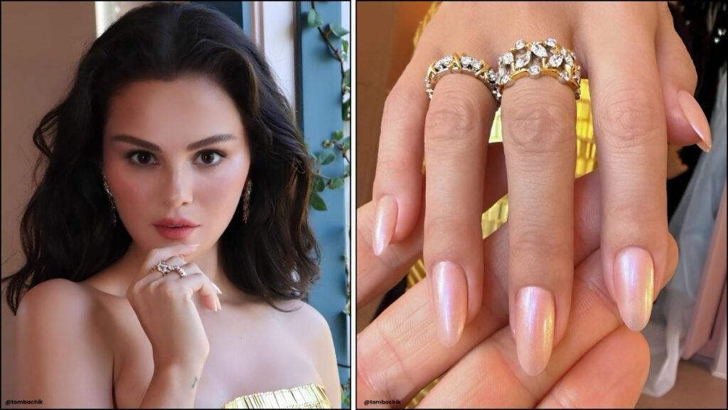 A collage of Selena Gomez's sunset frost nails