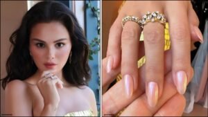 A collage of Selena Gomez's sunset frost nails