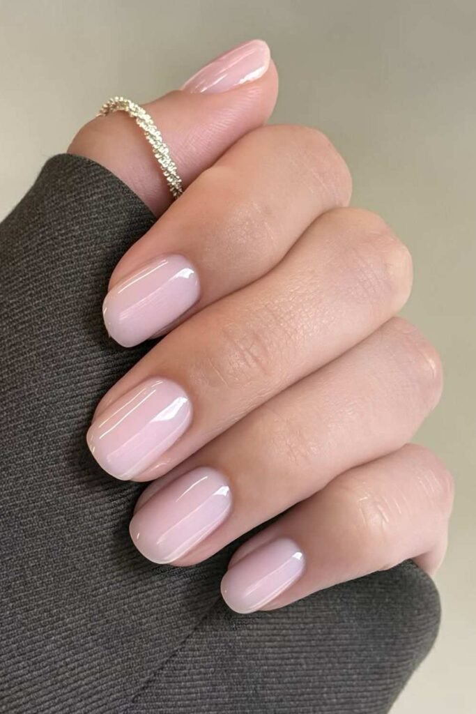 Short glossy silk nails with a sheer blush-pink finish and soft square shape (1)