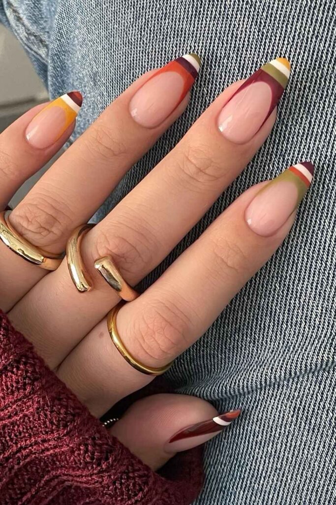 Striped French nails in fall colors