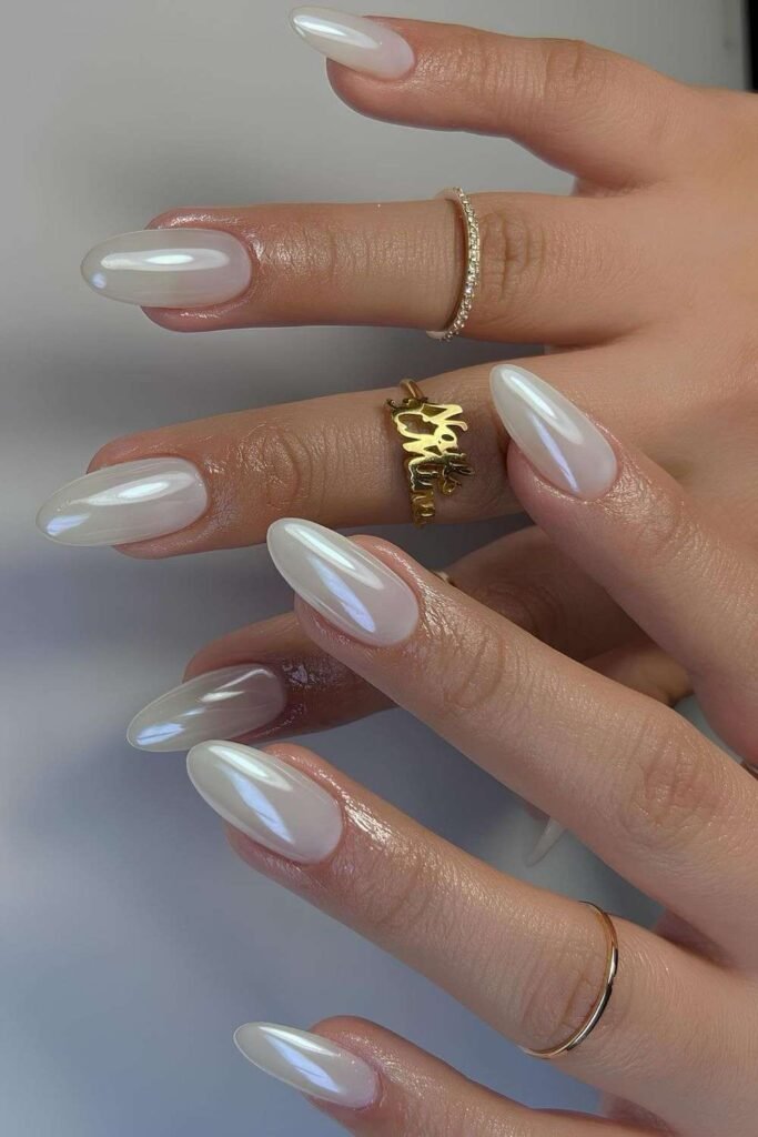 White chrome almond nails