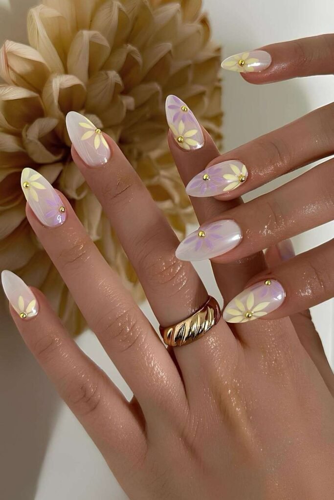 White chrome mani with pastel flowers