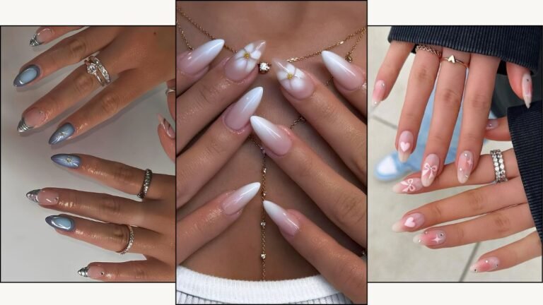 A collage of almond nail designs