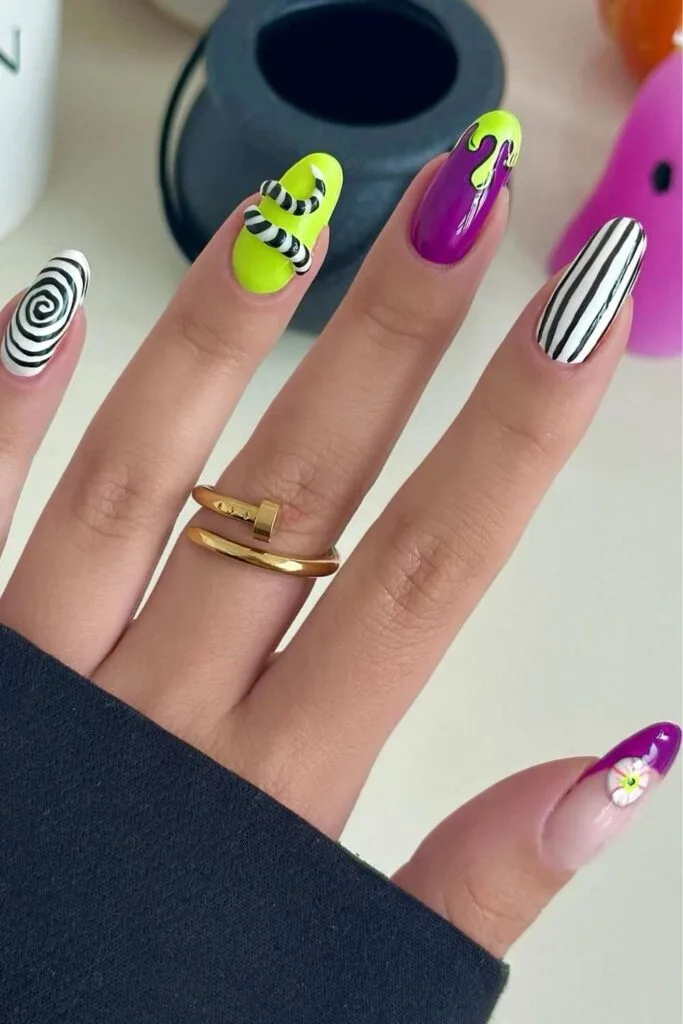Beetlejuice inspired Halloween nails