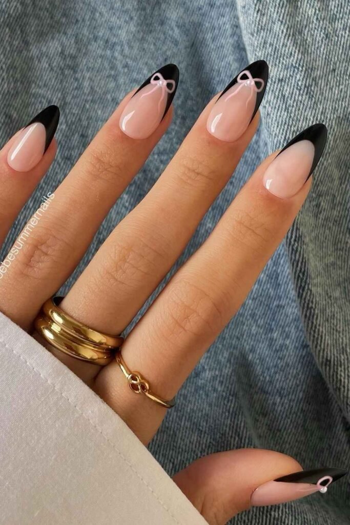 Black French nails with white bows
