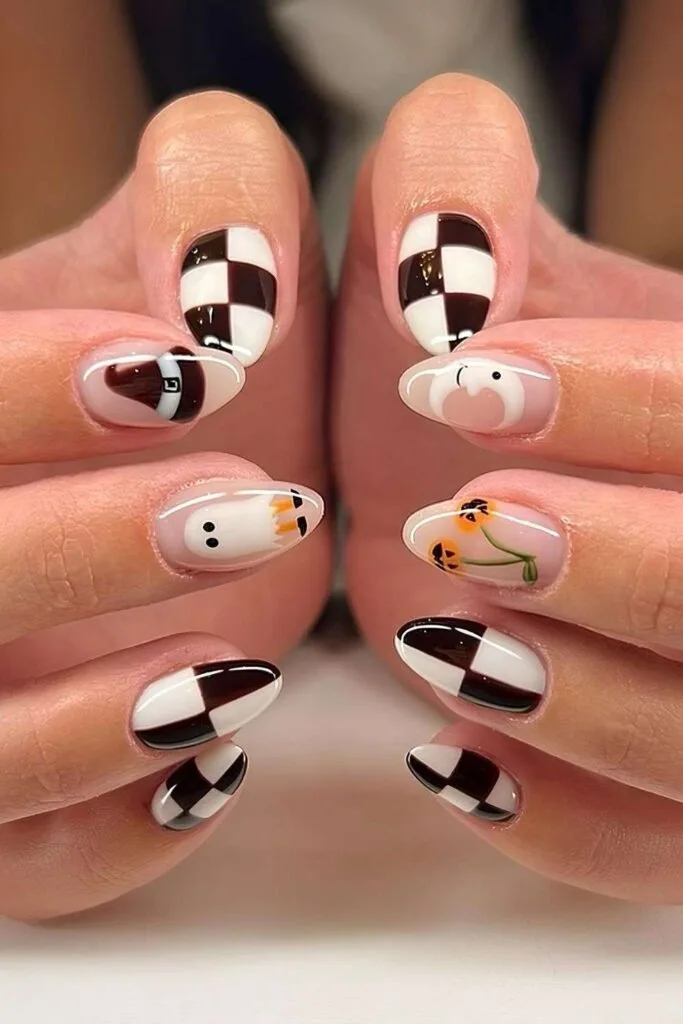 Black and white checkered Halloween nails