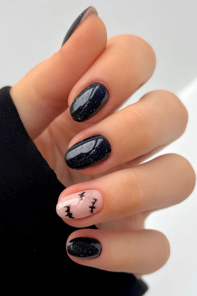 Black glitter nails with bat details