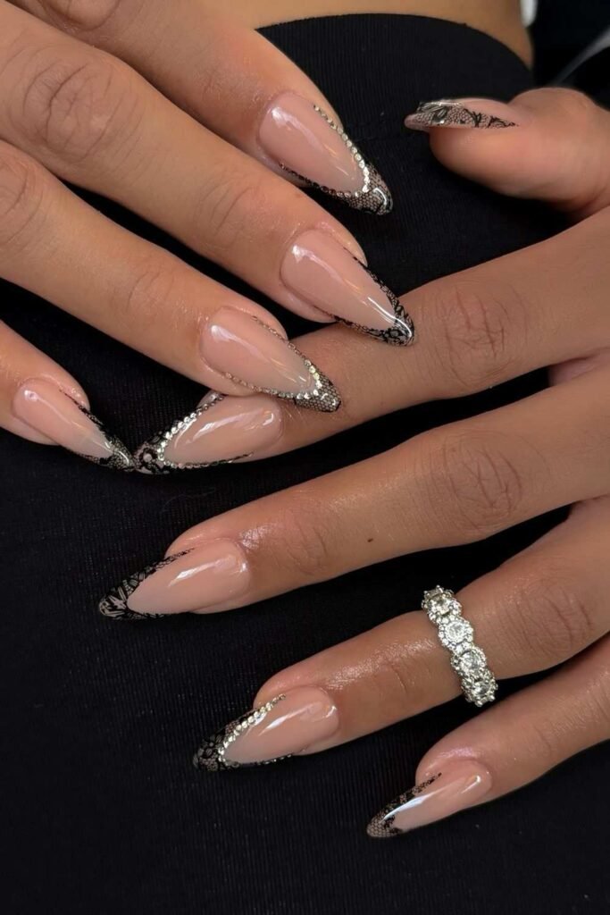 Black lace French tips with crystals