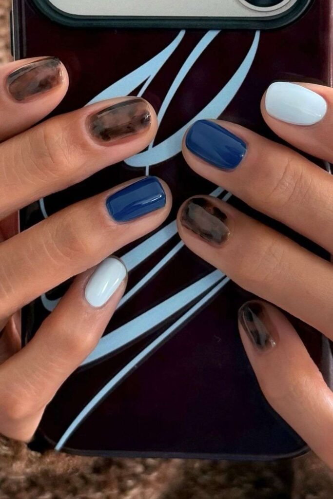 Brown and blue mixed nail design