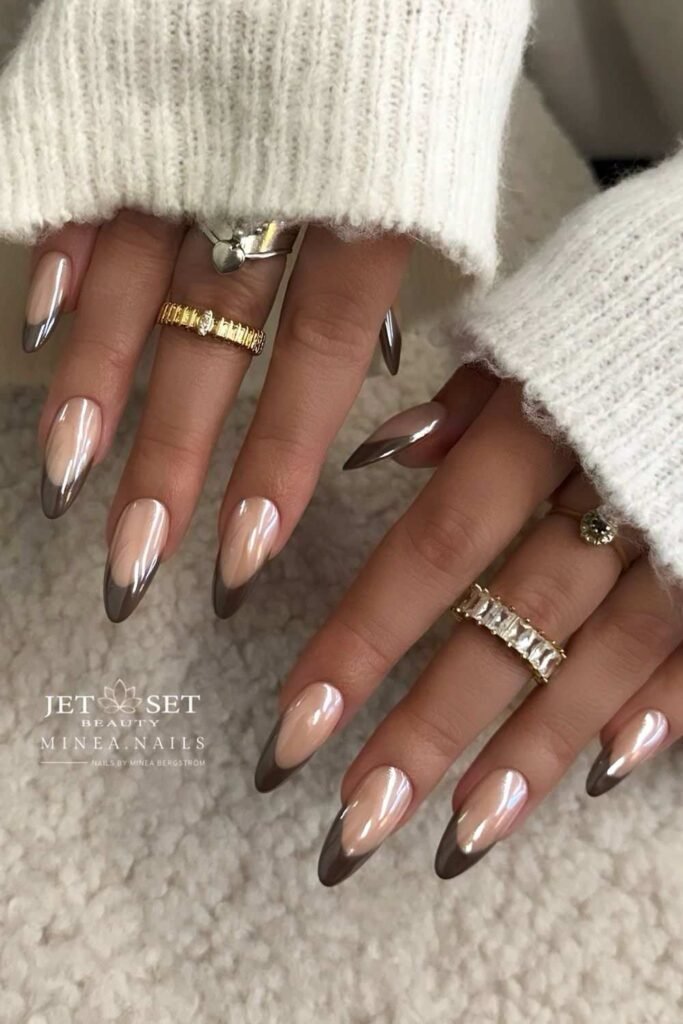Brown chrome French nails