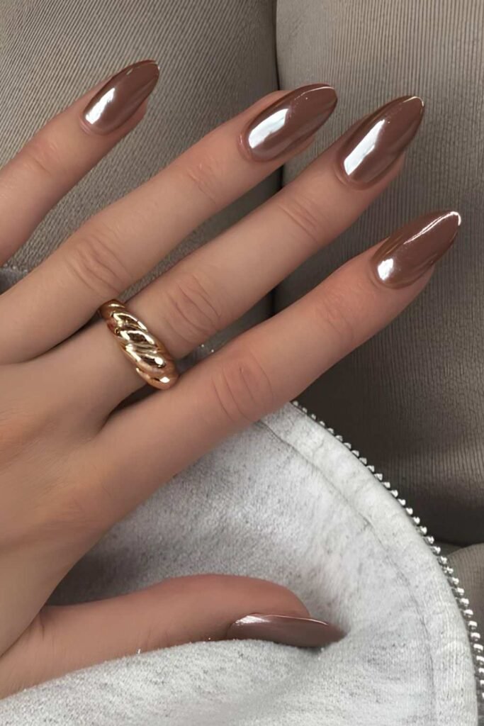 Brown chrome almond nails