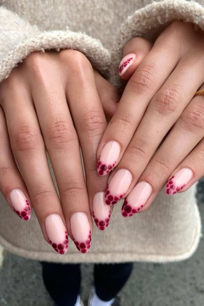 Burgundy French nails in blooming gel tips